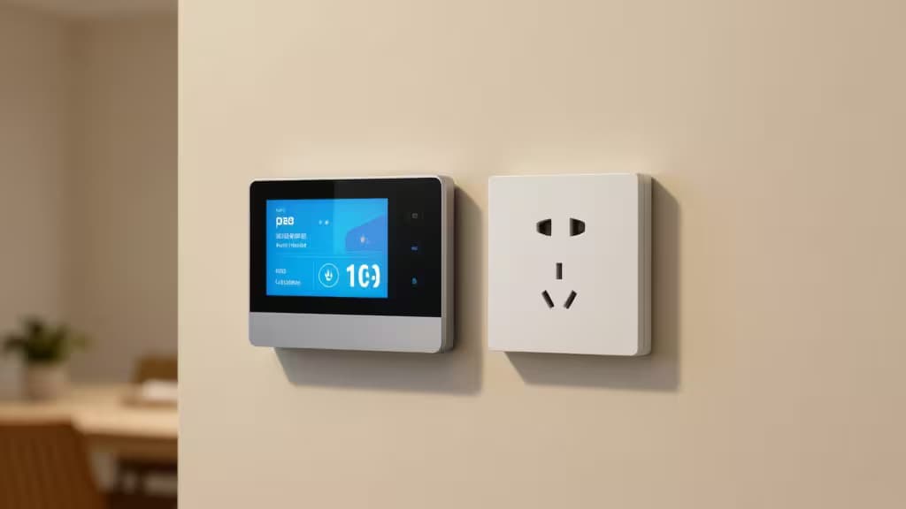 Un termostato smart elegante e una presa elettrica bianca montati fianco a fianco su una parete beige in un interno minimalista moderno.