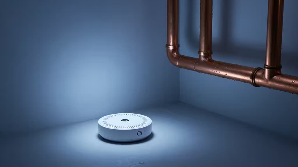 Un detector inteligente de fugas de agua blanco y circular sobre un suelo azul junto a tuberías de cobre en un rincón de sótano con luz tenue.