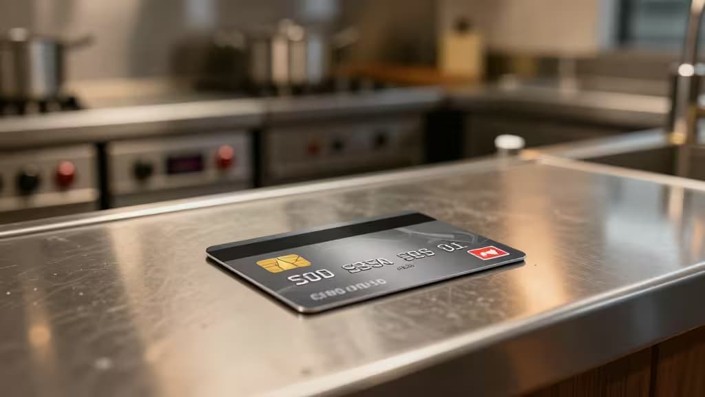 A credit card resting on a stainless steel restaurant kitchen counter under warm ambient lighting