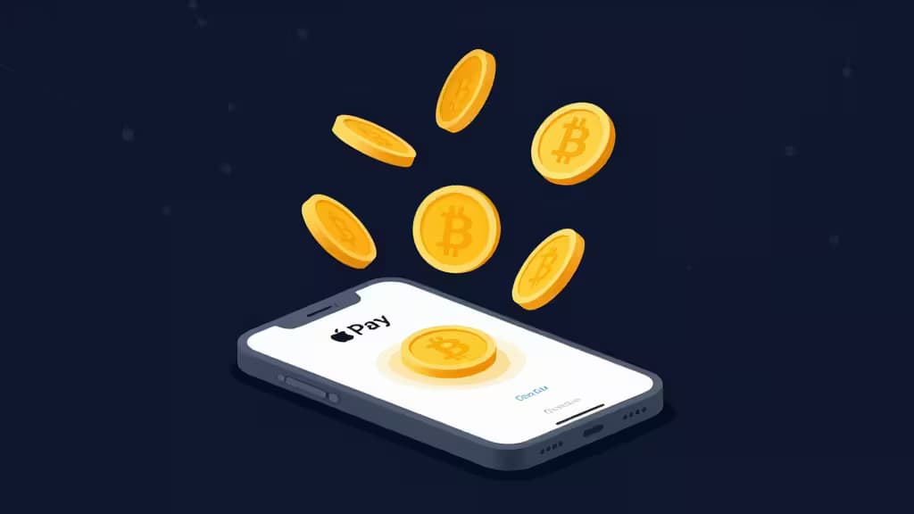 Gold Bitcoin coins float above an iPhone displaying Apple Pay, symbolizing seamless crypto purchases via supported on-ramps in 2026.