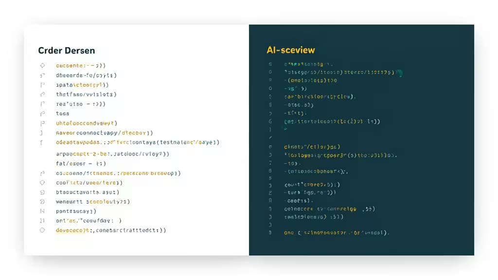 White code panel meets dark AI analysis screen, split vertically with syntax highlighting and abstract symbols.