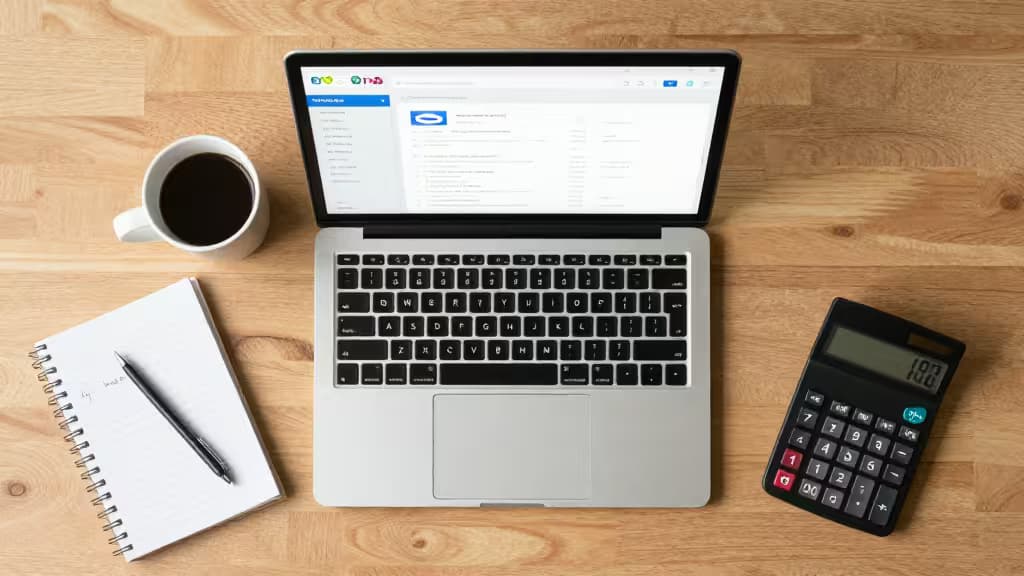 Laptop, calculadora, libreta y taza de café sobre escritorio de madera representando finanzas de tutor.