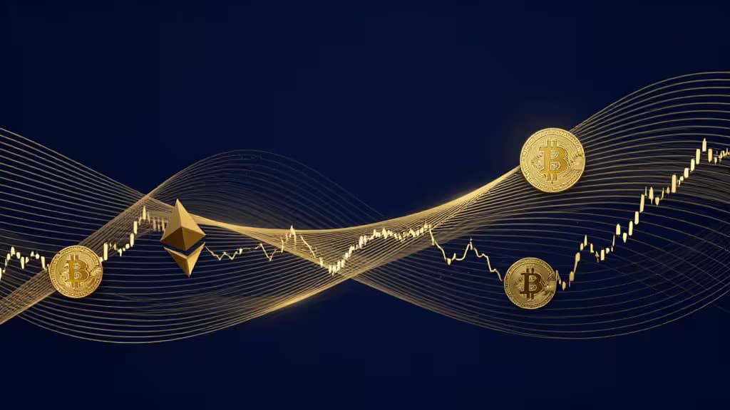Golden Bitcoin and Ethereum coins float over glowing wave lines on a dark blue background.