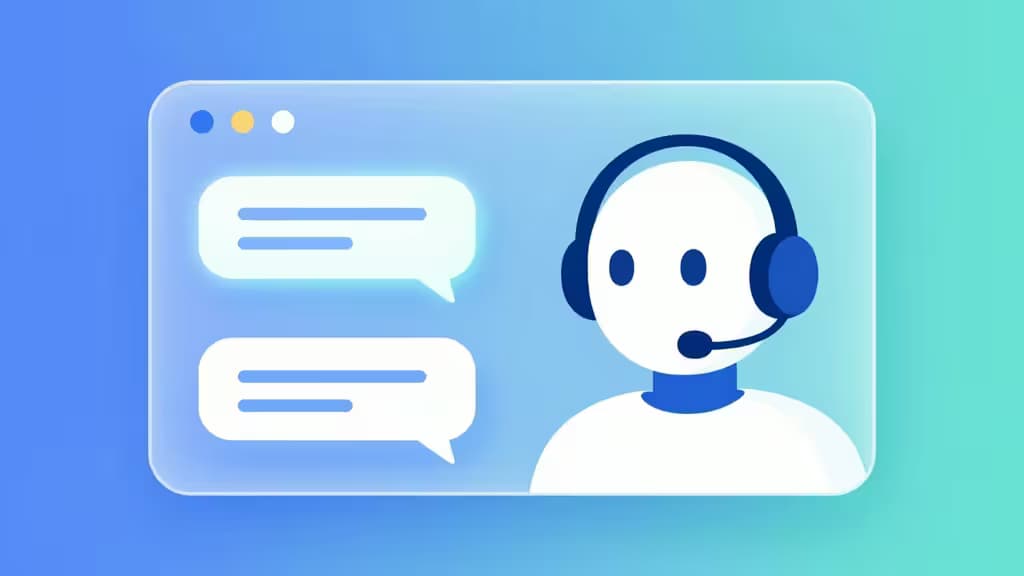 A minimalist blue-and-white illustration shows a headset-wearing AI agent beside chat bubbles inside a translucent window, symbolizing modern customer support platforms.