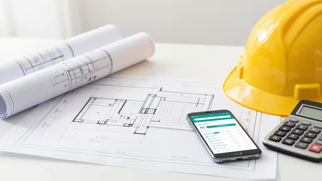 A smartphone displaying a budgeting app rests on architectural blueprints beside a yellow hard hat and calculator.