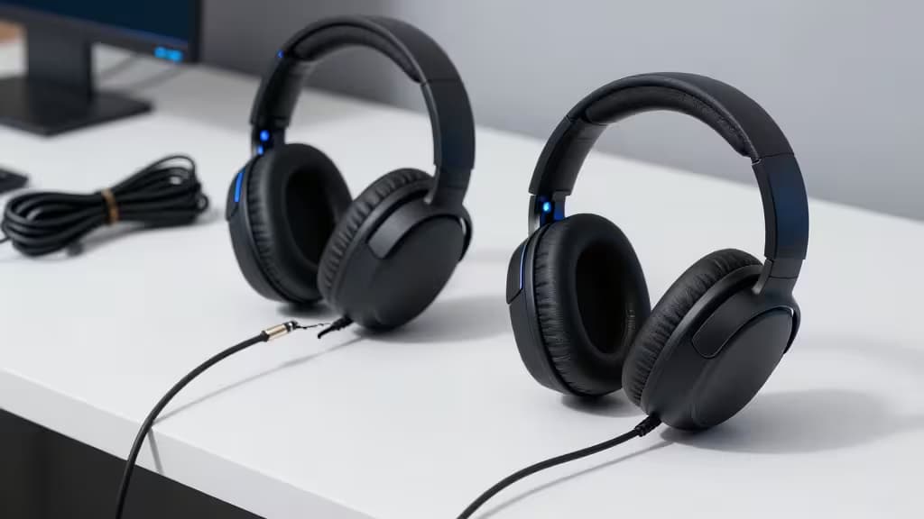 Zwei schwarze Over-Ear-Gaming-Headsets mit 3,5-mm-Klinkenanschluss liegen auf einem weißen Schreibtisch neben eingesteckten Kabeln.