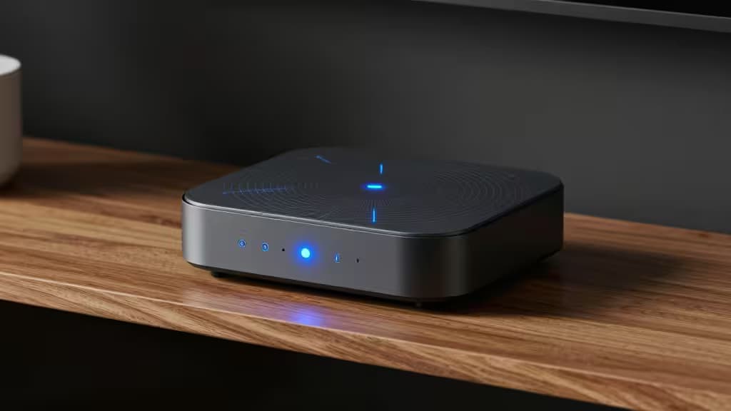 Sleek black smart home hub with glowing blue LED sits on wooden shelf.