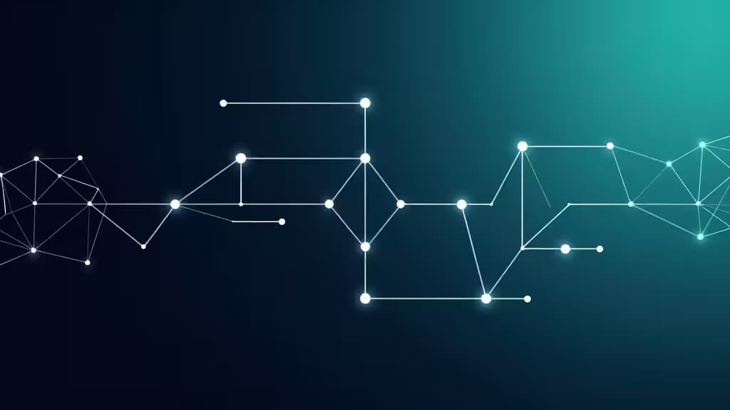 Glowing white nodes and lines form abstract data pipeline networks against a dark teal gradient background.