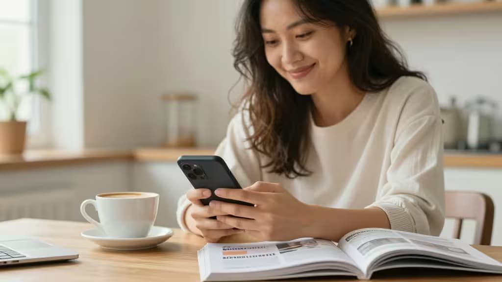 Une mère célibataire souriante consulte son téléphone à la table de la cuisine, une tasse de café posée près d'elle, dans une ambiance lumineuse et chaleureuse