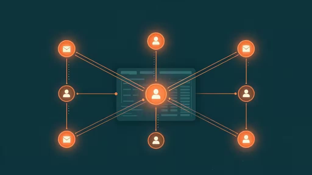 Abstract illustration of interconnected microservices nodes with glowing data streams flowing into a central monitoring dashboard in teal and orange tones