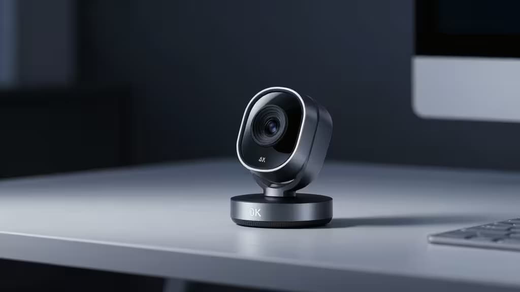 Webcam 4K sur un bureau minimaliste avec éclairage studio doux, esthétique de bureau à domicile moderne