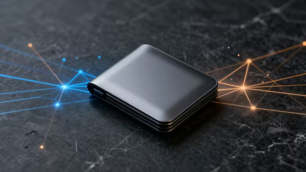 Sleek black hardware wallet rests on textured surface, surrounded by glowing blue and orange blockchain network lines.