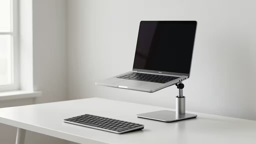 A clean modern desk with a laptop raised on a silver gas-spring monitor arm to eye level, an external keyboard below, soft natural window light in an ergonomic workspace.