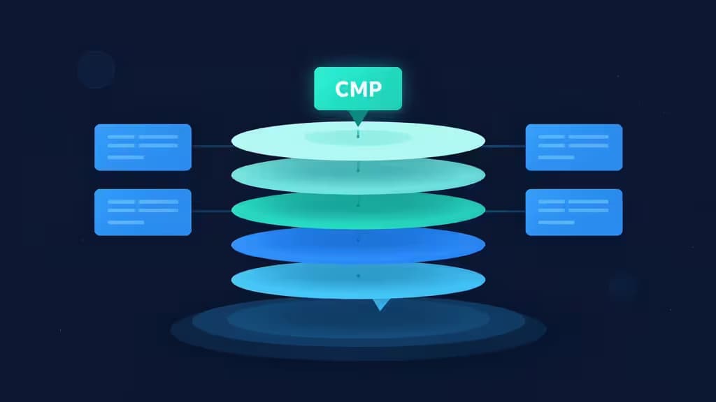 Stacked translucent blue discs labeled CMP connect to four side panels, illustrating a decoupled content management system architecture.