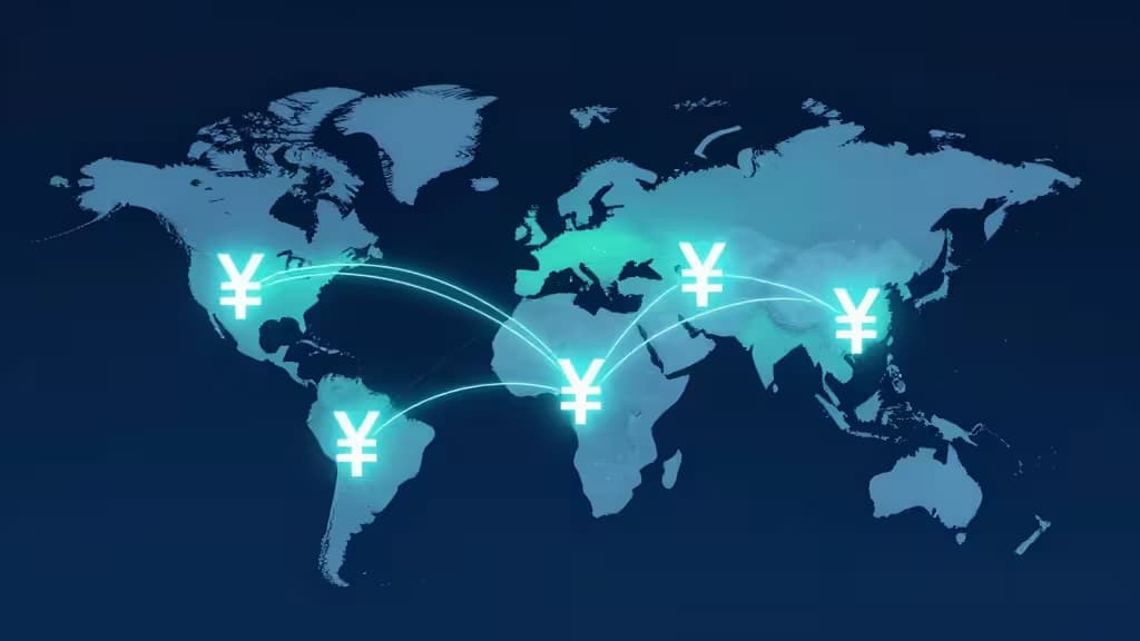 Illustration éditoriale abstraite d'une carte mondiale avec des symboles de devises lumineux et des nœuds de paiement interconnectés reliant les continents, palette bleu profond et turquoise, esthétique fintech minimaliste.