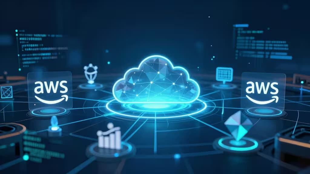 Glowing AWS logos flank a central cloud node, connected by luminous lines on a digital grid.