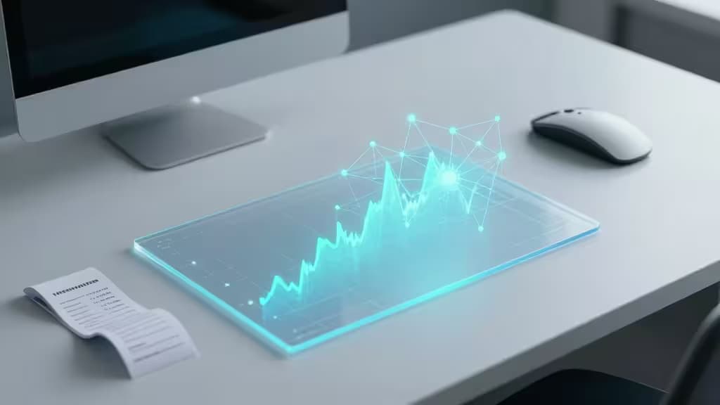 Glowing cyan financial chart and neural network overlay a transparent tablet on a minimalist white desk beside a computer monitor and mouse.