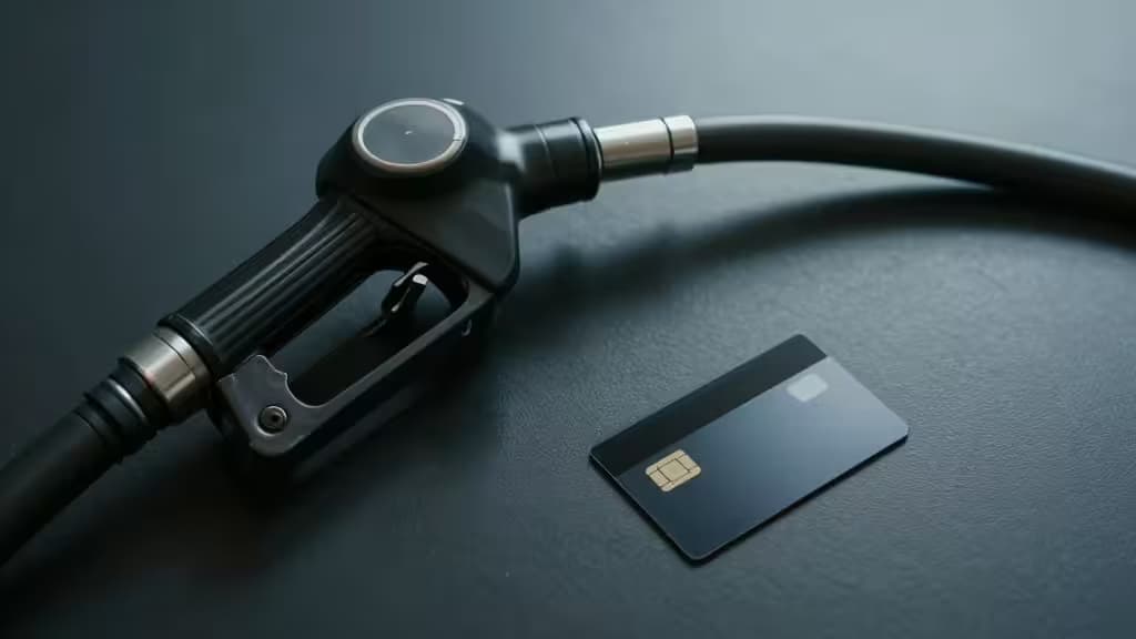 Een brandstofpomp en een credit card op een donker oppervlak, minimalistische redactionele stijl.