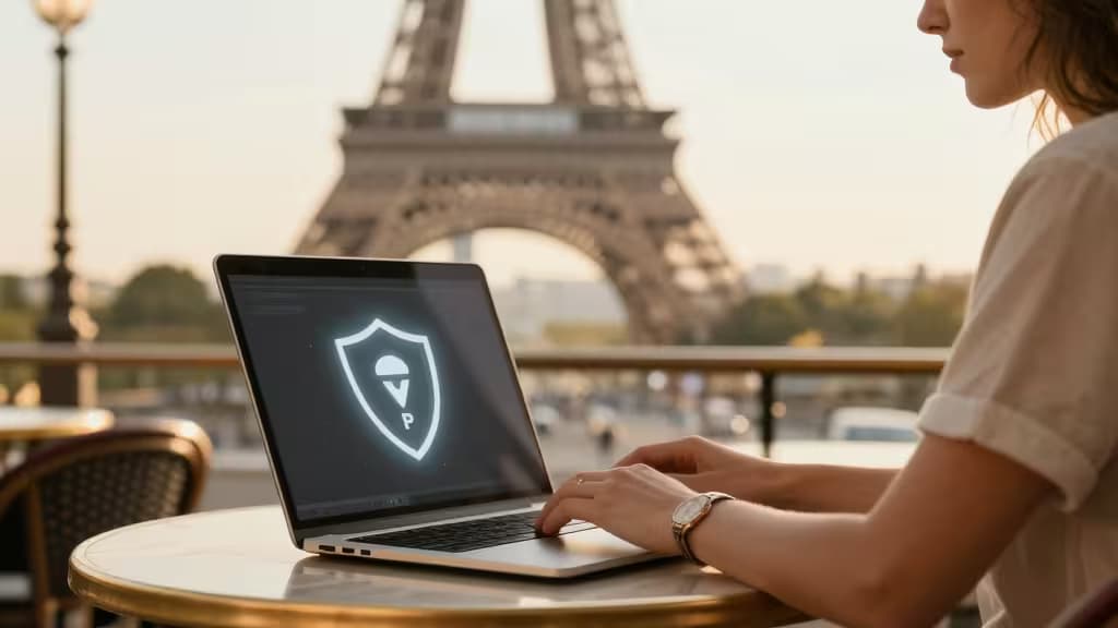 A woman types on a silver laptop displaying a glowing VPN shield, seated at a marble café table with the Eiffel Tower blurred in the background.