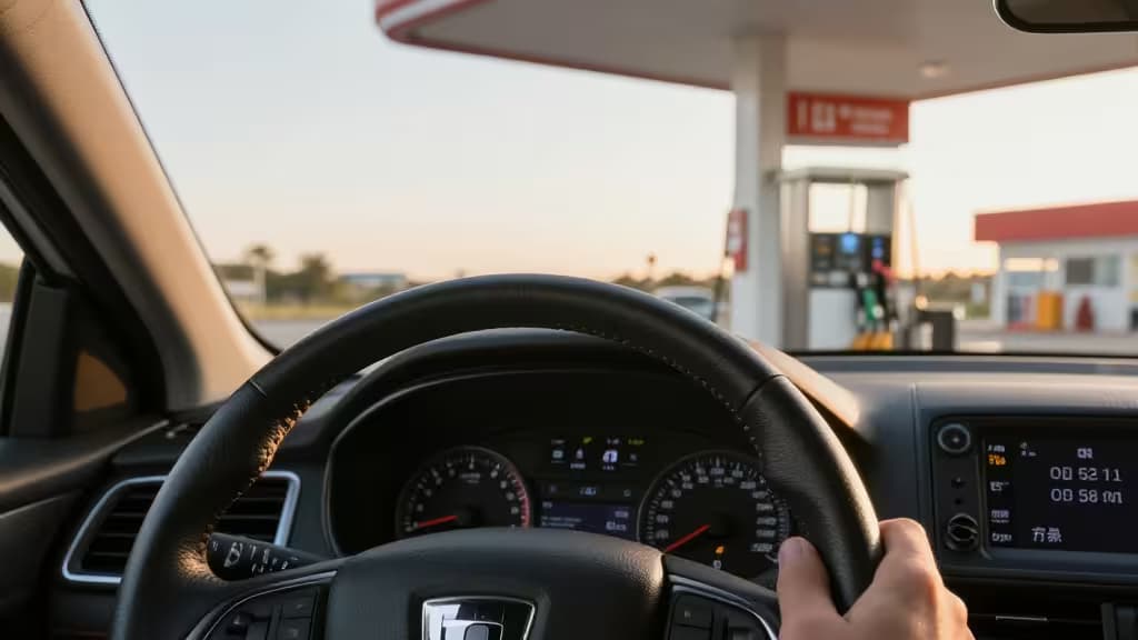 Un conducteur tient le volant d'une voiture à une station-service, avec des pompes à essence visibles à l'extérieur.