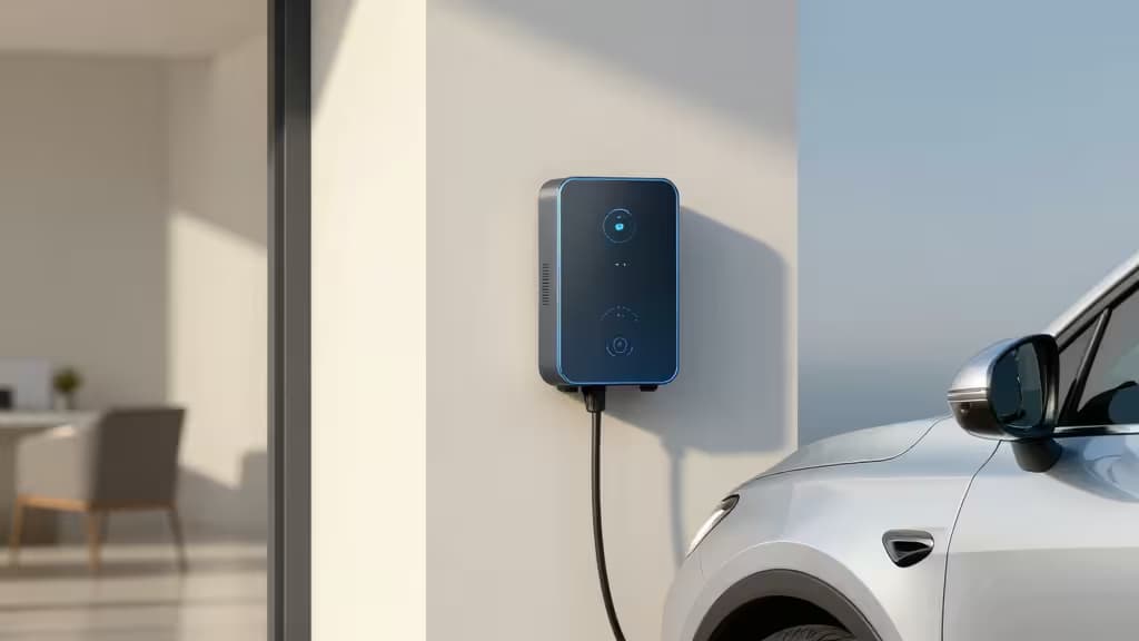 Cargador inteligente azul montado en pared blanca, cargando un coche eléctrico plateado en un garaje moderno.