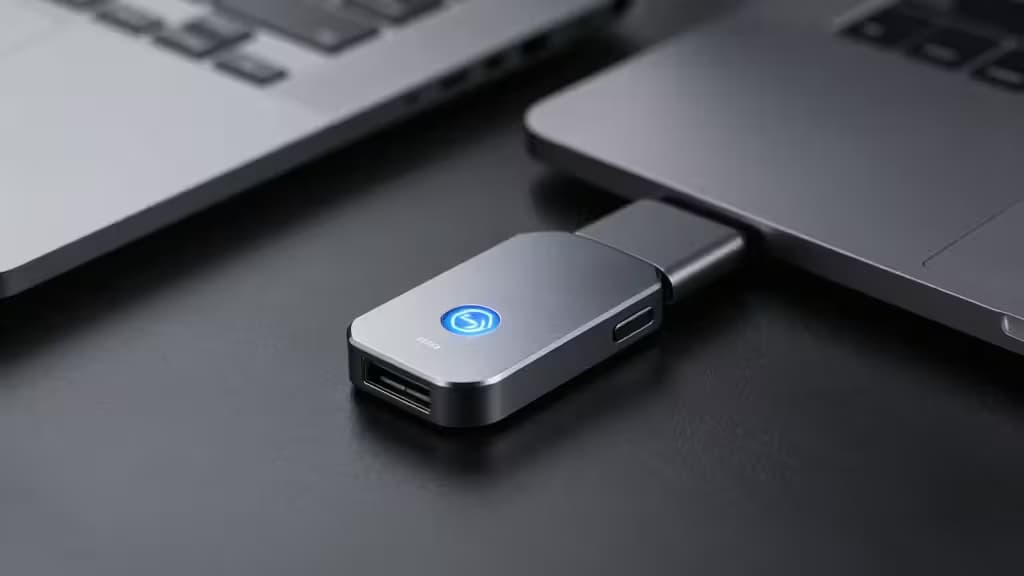 Ein FIDO2-Hardware-Security-Key mit leuchtend blauer Authentifizierungs-LED, eingesteckt in den USB-C-Anschluss eines Laptops auf einem dunklen, minimalistischen Schreibtisch.