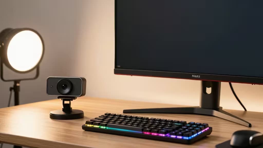 Setup de streaming com webcam sobre monitor, teclado RGB e microfone, iluminação suave de estúdio