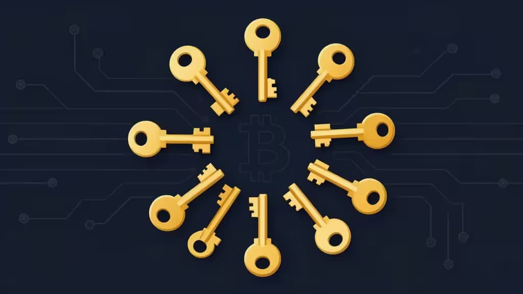 Abstract illustratie van meerdere gouden sleutels in een cirkelpatroon boven een donkerblauwe achtergrond met circuit-lijnen en een Bitcoin-symbool, symboliserend multisig beveiliging voor crypto-treasuries.