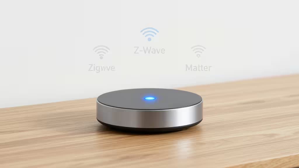 Sleek metallic hub with blue LED, supporting Zigbee, Z-Wave, and Matter on wood surface.