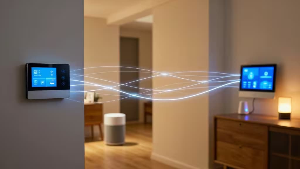 A modern smart home interior with connected devices linked by a glowing mesh network pattern, symbolizing cross-platform Matter smart home control.