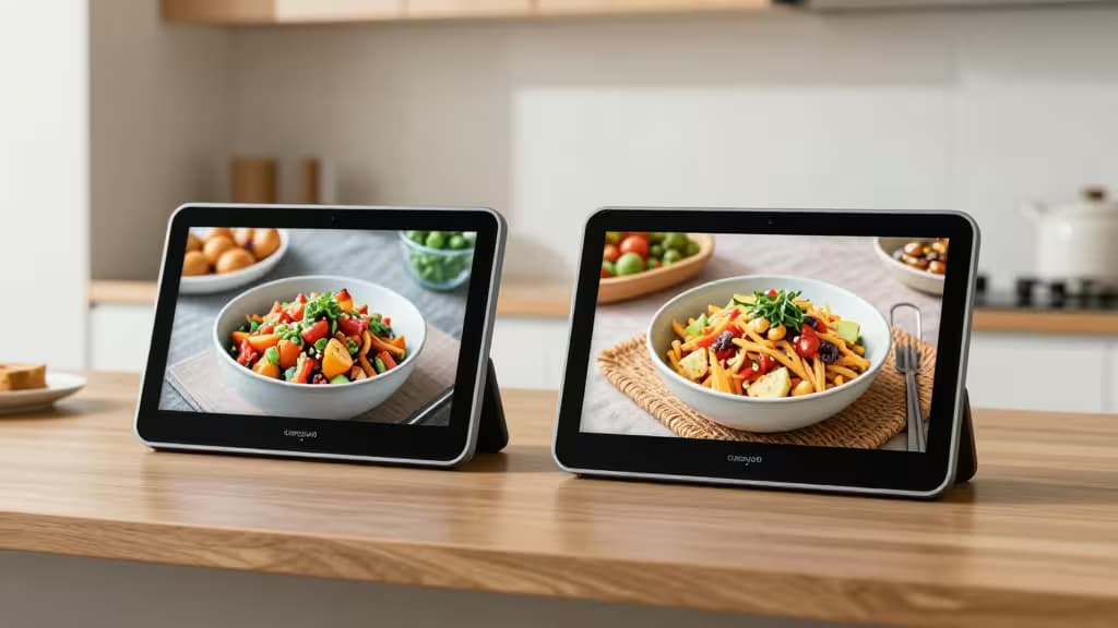 Two smart displays on wooden countertop show vibrant salad recipes, ideal for Polish kitchen tech enthusiasts.