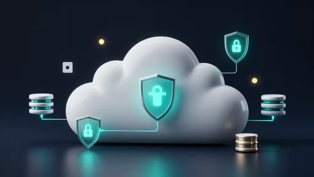 Renderização 3D abstracta de infraestrutura cloud com nós de base de dados, escudos de autenticação e blocos de funções serverless ligados por linhas luminosas sobre fundo azul-escuro