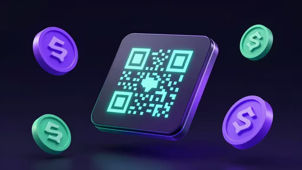 Abstrakte Darstellung einer Krypto-Hardware-Wallet mit leuchtendem QR-Code und schwebenden Solana-Token in violetten und grünen Farbtönen