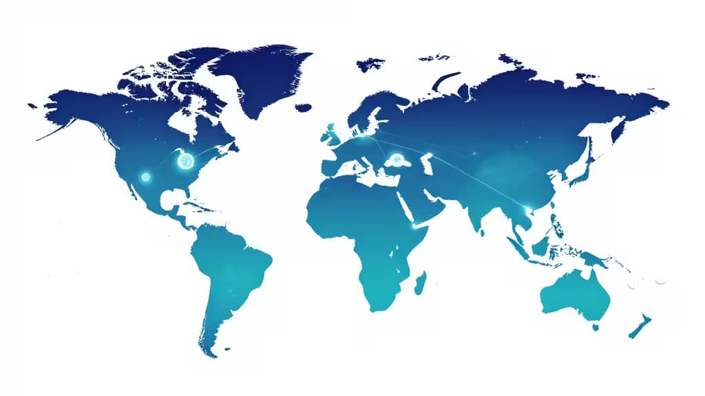 Mappa mondiale in gradiente blu con icone del dollaro luminose e linee di collegamento che simboleggiano i trasferimenti di denaro globali.