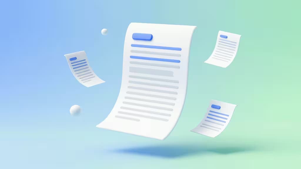 Floating white receipts with blue headers drift against a gradient blue-green background, symbolizing automated financial categorization.