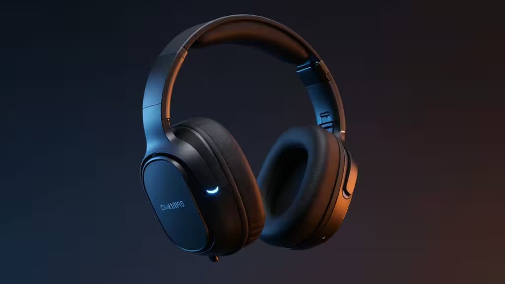 A sleek wireless gaming headset floating against a dark gradient background with blue and orange accent lighting