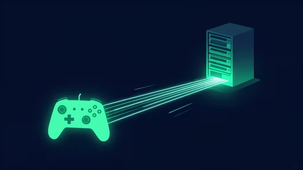 Abstrakcyjna ilustracja przedstawiająca kontroler gamingowy połączony światłowodem z serwerami, symbolizująca niskie opóźnienia w cloud gamingu
