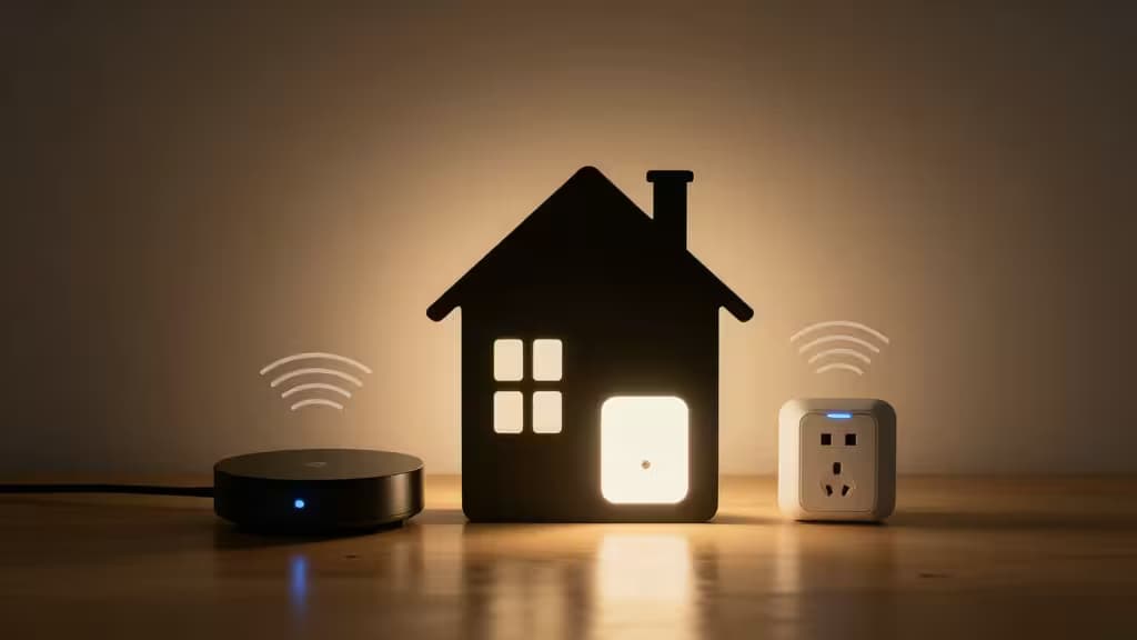 A black hub and white smart plug flank a glowing house silhouette on wood, illustrating affordable smart home connectivity.