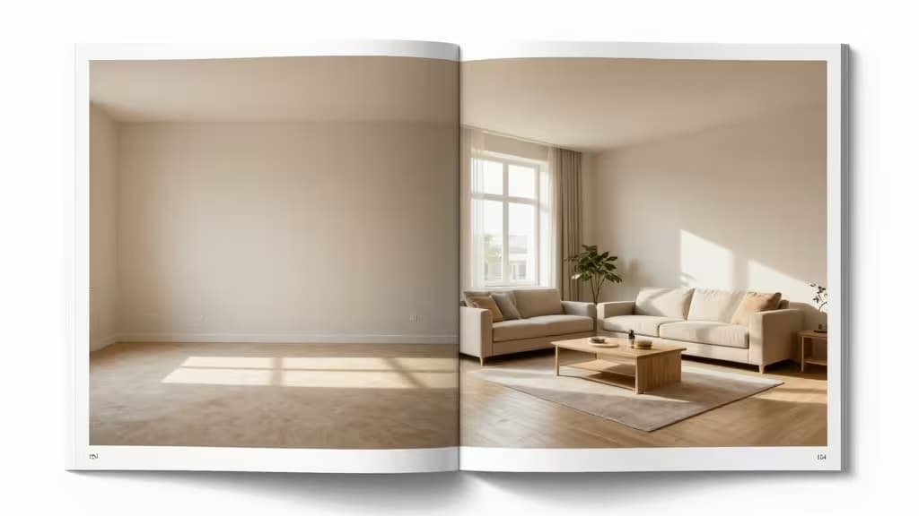 Pièce vide transformée en espace meublé, illustrant le staging virtuel par IA pour annonces immobilières.