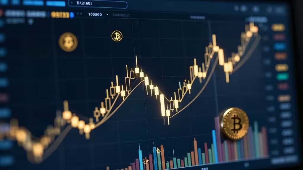 Leuchtender Bitcoin-Chart steigt auf dunklem Bildschirm nach oben und symbolisiert Krypto-Gewinne für US-Trader beim Vergleich gebührengünstiger Börsen wie Binance.US, Kraken, Coinbase und Uniswap.
