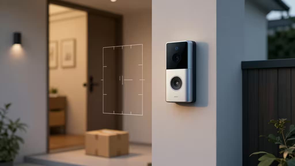 Timbre de vídeo inteligente montado en la entrada de una casa al atardecer, con un paquete de entrega en el escalón y una sutil superposición de detección de IA con recuadros de seguimiento.
