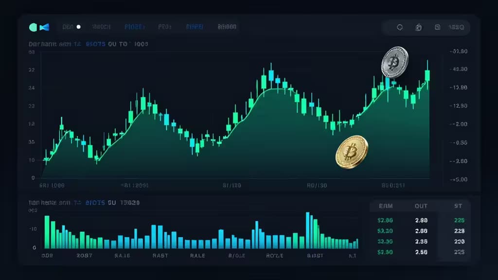 Tableau de bord crypto futuriste avec graphiques verts lumineux et pièces Bitcoin, idéal pour les swing traders.