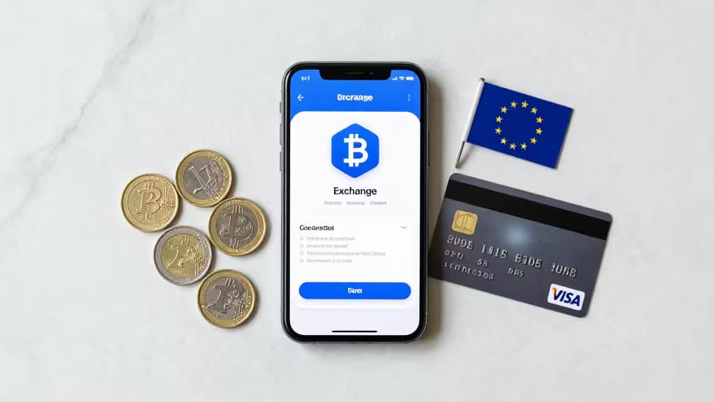 Smartphone affichant une application d'échange crypto à côté d'une carte Visa, d'un drapeau de l'UE et de pièces en euros sur une surface en marbre.