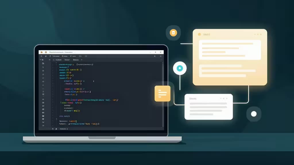 Illustration abstraite d'un poste de travail développeur avec un écran affichant du code et des blocs de contenu connectés par des lignes lumineuses, palette teal et ambre