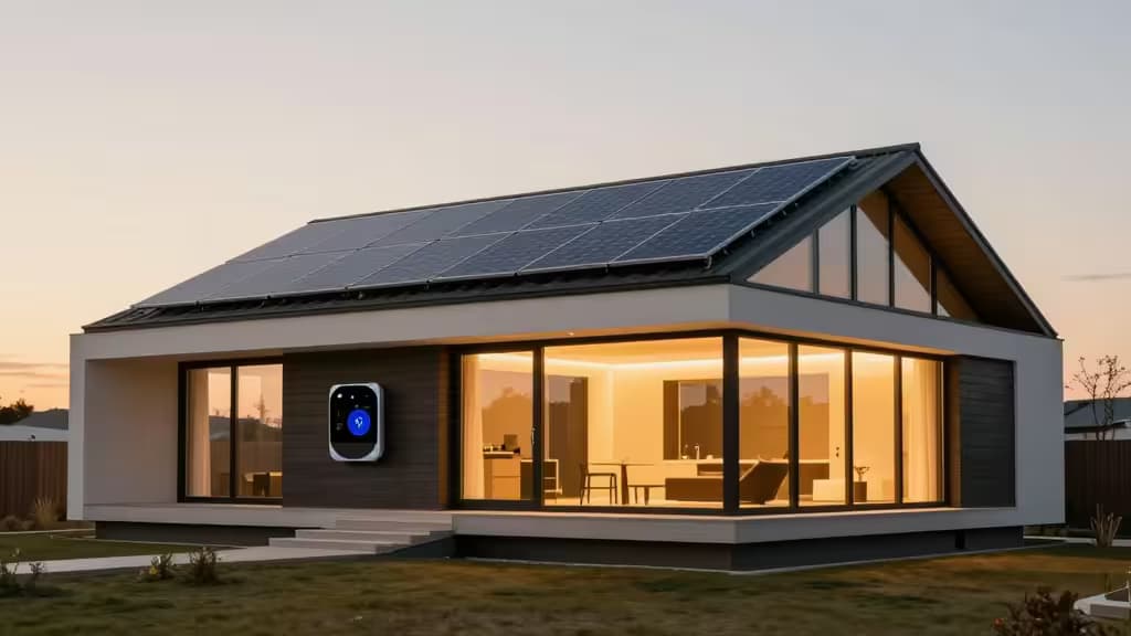 Modern huis met strakke zonnepanelen op het dak en een oplichtende slimme thermostaat, illustrerend hoe hernieuwbare energie en automatisering samenwerken.