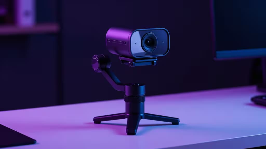 A motorized AI webcam on a gimbal mount sitting on a streaming desk with purple and blue ambient lighting