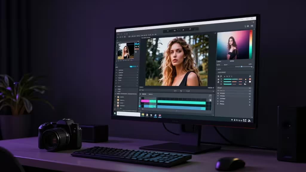 Un monitor elegante muestra software de edición fotográfica con IA con un retrato, junto a una cámara DSLR en un escritorio moderno.