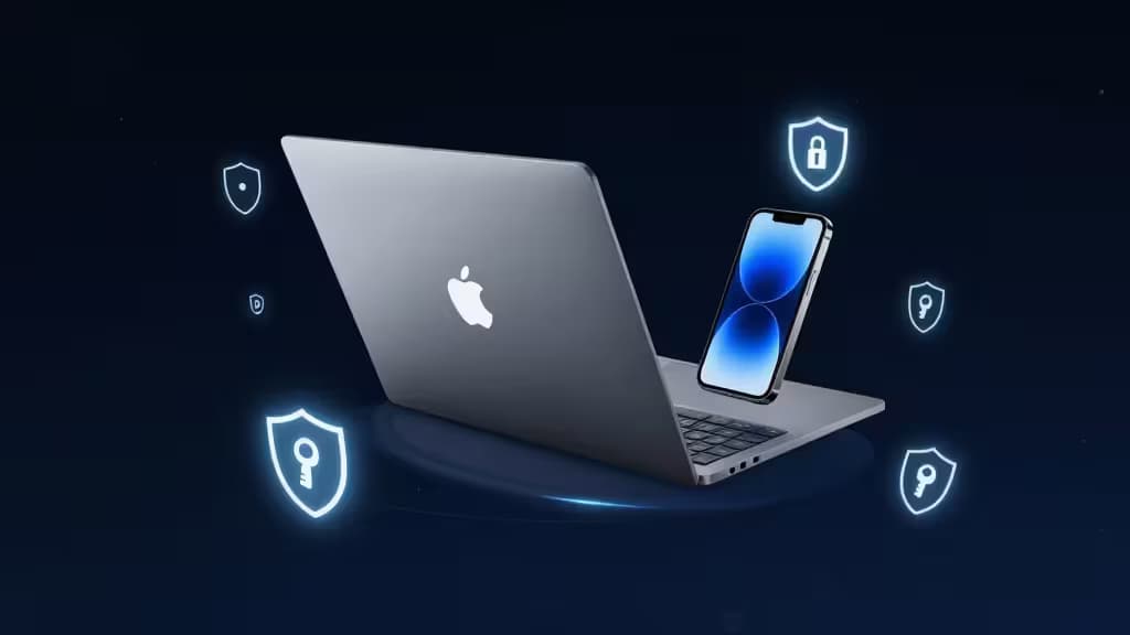 Glowing security shields and keys float around a silver MacBook and iPhone on a dark blue background.