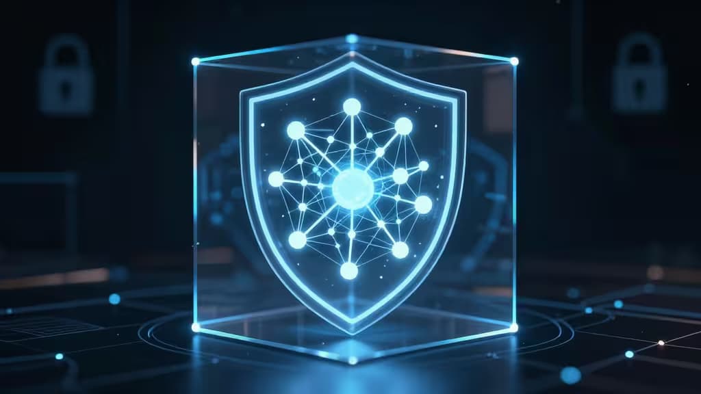 Un escudo azul brillante con nodos de red neuronal, encapsulado en un cubo transparente, simbolizando el procesamiento seguro de IA local.