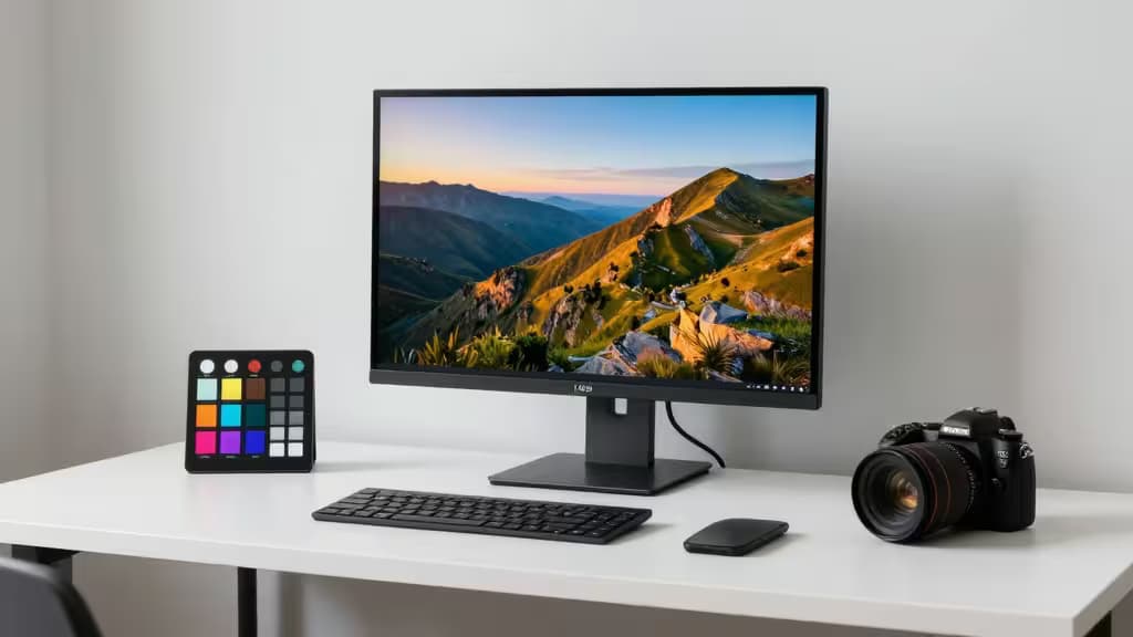 A sleek black monitor displays vibrant mountain scenery, flanked by a color calibration chart and DSLR camera on a minimalist white desk.